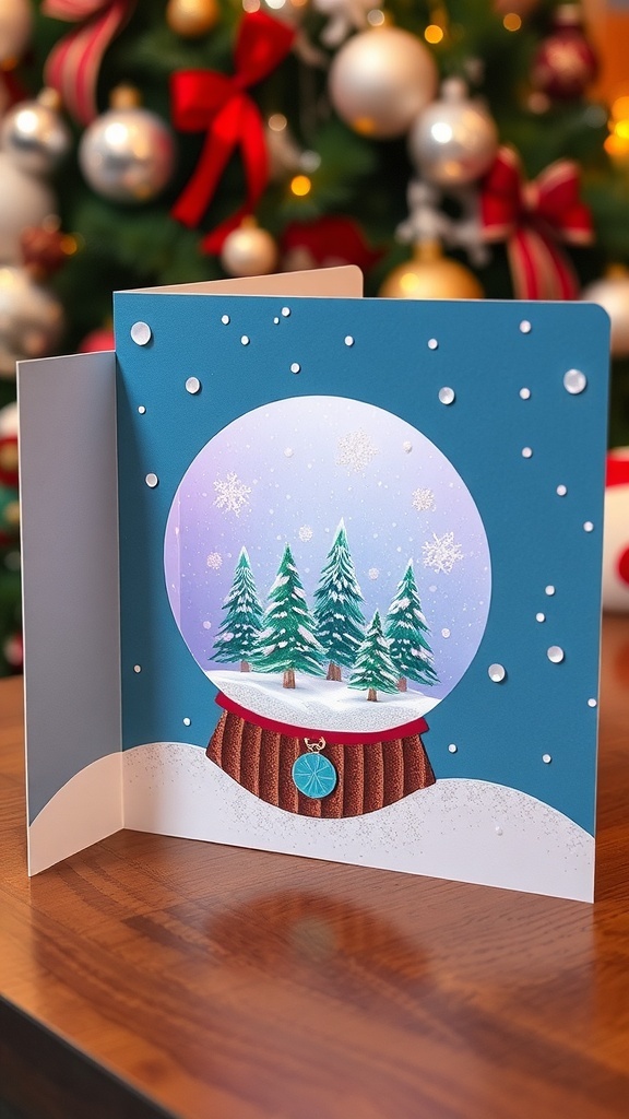 Handmade Christmas card with a snow globe design, featuring a winter scene and glitter.